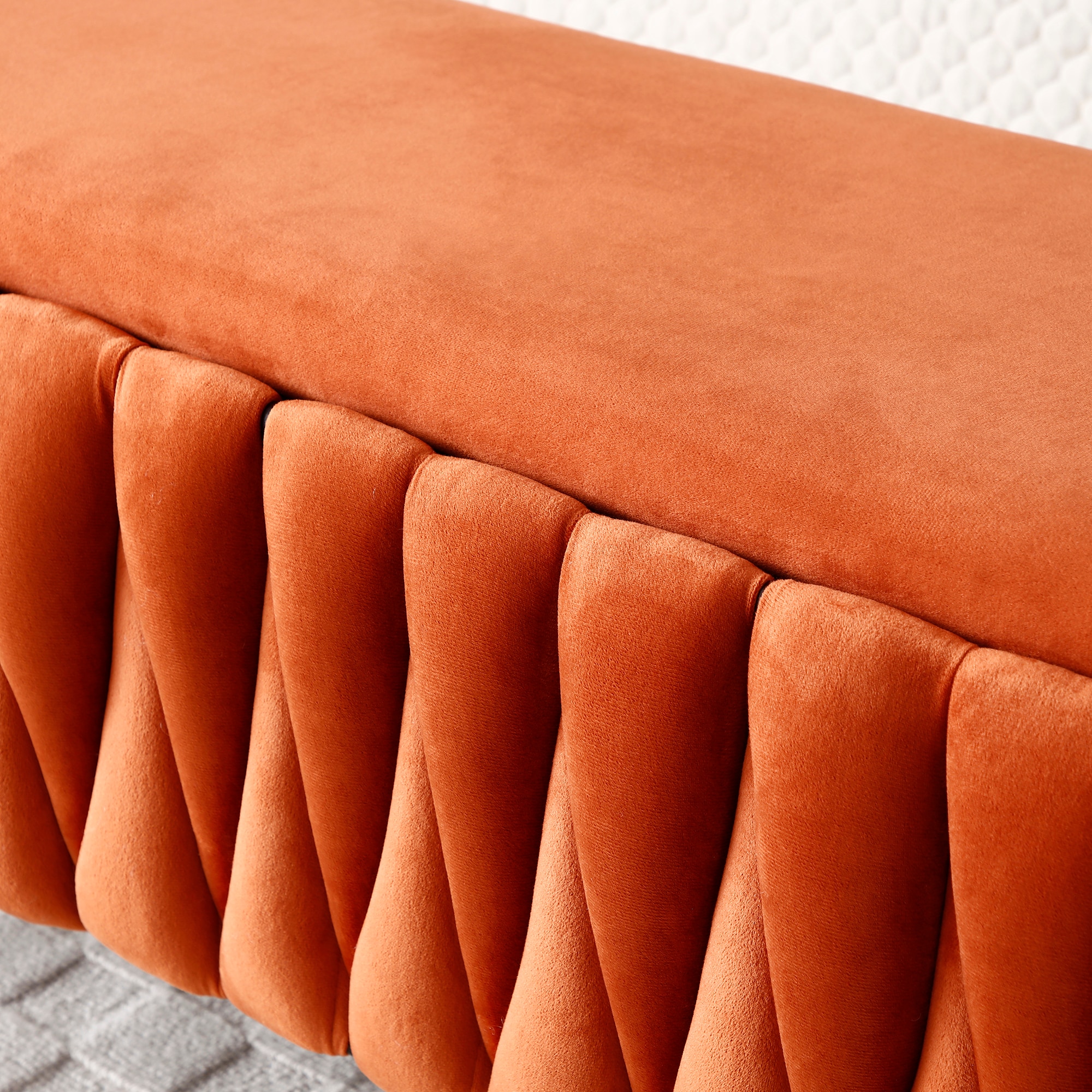 Oval Storage Bench With Gold Legs,Velvet Fabric ,Woven,Upholstered Ottoman Storage Benches For Bedroom End Of Bed,Sherpa Fabric Bench For Living Room,Dining Room,Entryway,Bed Side,Orange,5 Colors_voghion.com